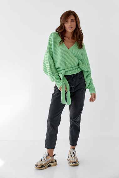 Коротка в'язана кофта із запахом та поясом QU STYLE - салатовий цвет, ONE SIZE (є розміри) | Зображення 2