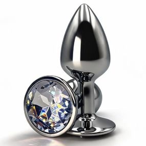 Анальна пробка, S, ALUME, срібляста з білим круглим камінцем, 7 × 3.2 см Sex Aura