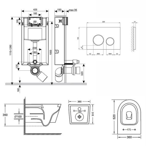 Готове рішення Qtap для ванної кімнати: підвісний унітаз Jay Rimless 520х360х320 + комплект інсталяції Nest 4 в 1 (кругла | Зображення 1