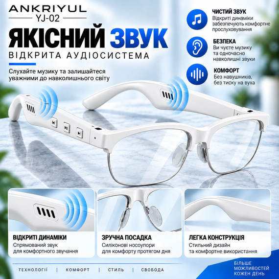 Розумні окуляри ANKRIYUL YJ-02, біла оправа, прозорі лінзи, Bluetooth 5.4, вбудовані динаміки та мікрофон, заряджання Type-C | Зображення 12