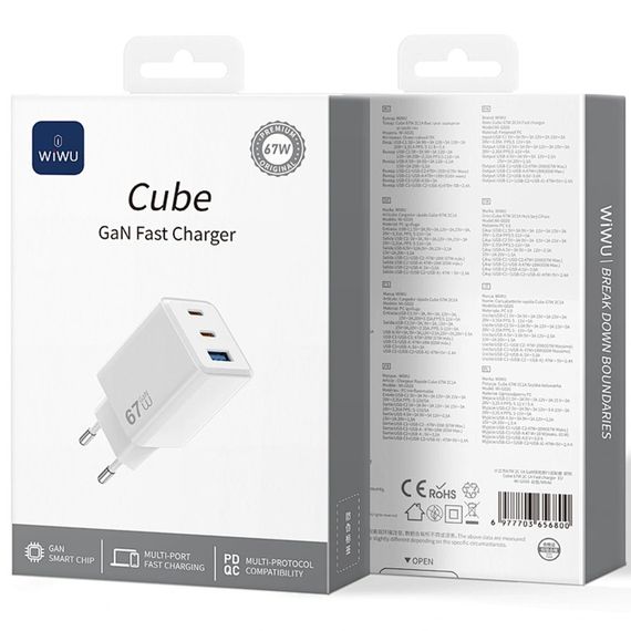 СЗУ WIWU G026 Cube PD67W+QC3.0 GaN (1USB-A/2C) White | Зображення 3