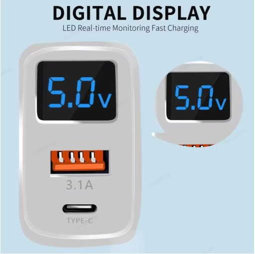 Зарядний пристрій 20W на 2 порти 1-USB, 1-PD з екраном White | Зображення 1