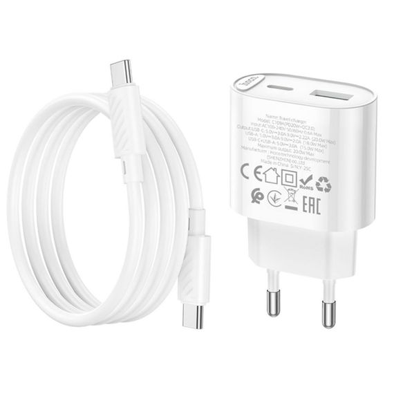 Мережевий зарядний пристрій Hoco C109A USB + Type-C та кабель Type-C to Type-C 20W | Зображення 5