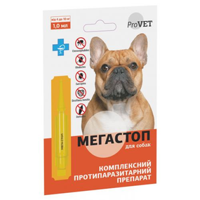 Капли на холку ProVet "Мега Стоп" для собак 4-10 кг (1 пипетка*1мл) от внешних и внутренних паразитов