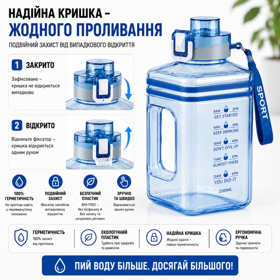 Спортивная Бутылка 2200 мл (Gallon) из голубого прозрачного и безопасного пластика (BPA Free) | Зображення 4