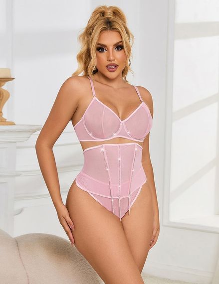 Сексуальний рожевий комплект Star Night з декоративними стразами та ланцюжками, M Sex Aura | Зображення 2