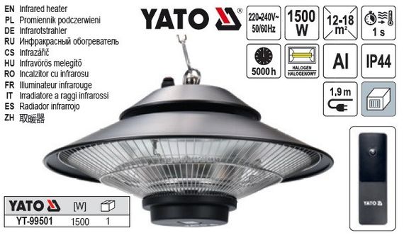 Обигривач инфрачервоний, пидвисн пид стелю YATO Польша, ел.-мереж- 230В, 1500Вт, диапаз- 12-18м² з пульт | Зображення 1