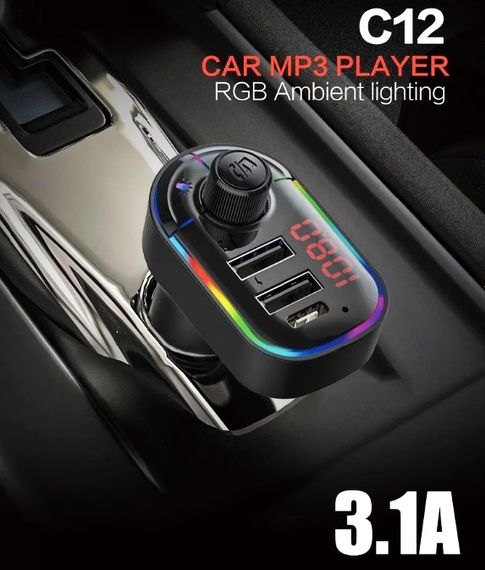 FM трансмиттер модулятор C12 с Bluetooth 5.0 Автомобильная двойная USB зарядка Черный | Зображення 2
