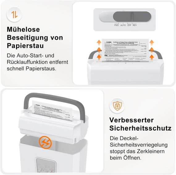 Шредер для паперу Bonsaii на 8 аркушів із рівнем безпеки P-4, перехресне різання 5×14 мм, скріпок, карток бак 13 л, білий | Зображення 5