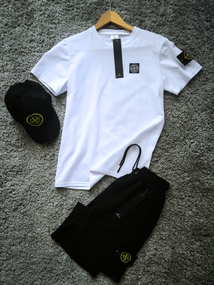 Чоловічий комплект Stone Island чорний/білий (футболка + шорти + бейсболка)