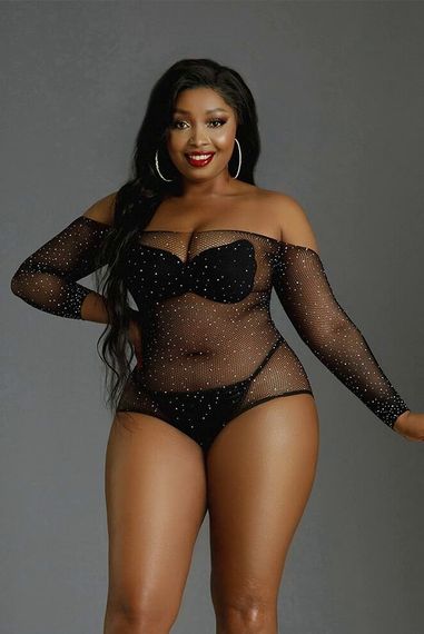 Сітчасте боді зі стразами Moonlight Model 09 відкриті плечі, Чорний, XL, 2XL, 3XL, XL/2XL/3XL, Великі розміри