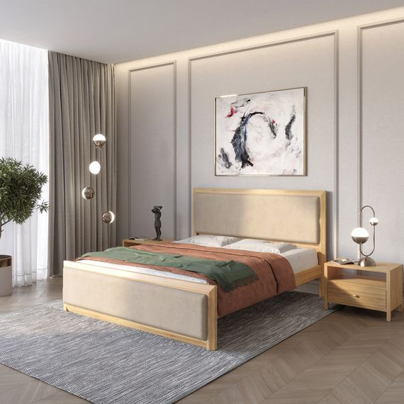 Односпальне дерев&#039;яне ліжко Mebigrand Барселона Б4 Горіх світлий/Аляска 23 (Бежевий) 90х200 см (MBG-12855)