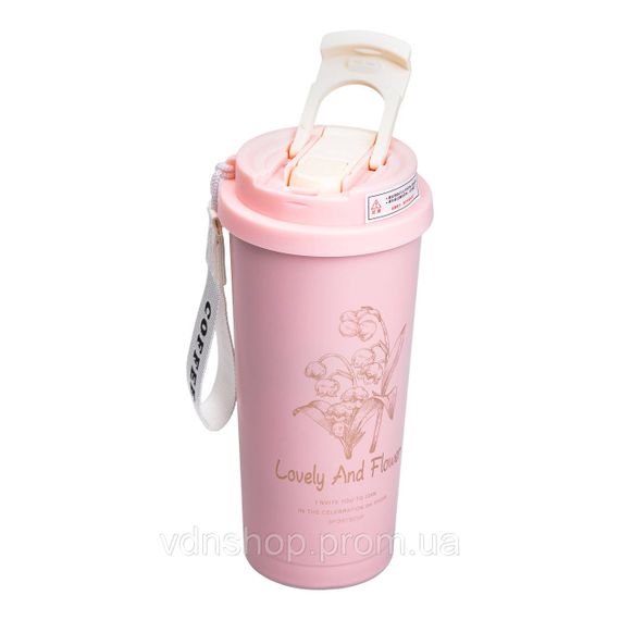 Термокружка Flower Style с ремешком 500 мл розовая HP-14-52P | Зображення 1