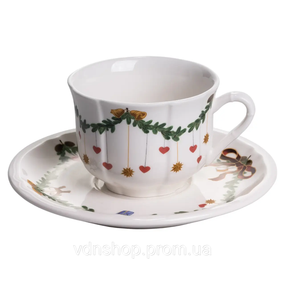 Чашка с блюдцем новогодняя фарфоровая с рождественским принтом "Рождественная гирлянда" YY78-11A-4