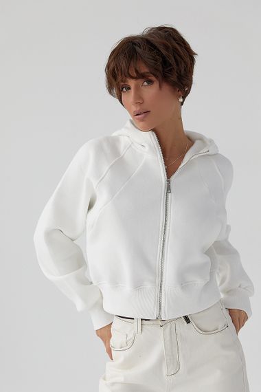 Утеплене коротке худі на блискавці - білий цвет, L (є розміри)