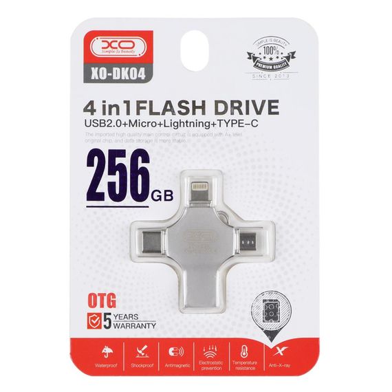 Флеш-пам'ять XO DK04 4-в-1 USB 2.0 256Gb сталевий (MAW-44120_2280)