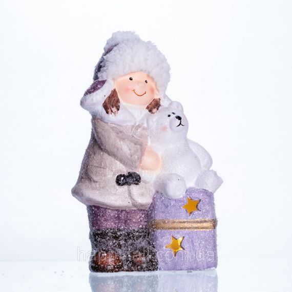 Новогодняя фигурка с подсветкой Девочка с медвежонком из фарфора 12×7×20 (см) CR-5-5