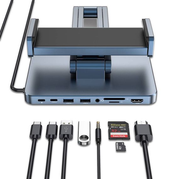 Підставка для планшетів+HUB WIWU AH801 Adjustable 8in1 (USB-C to HDMI+2xUSB-A+2xUSB-C+SD/TF+3.5mm) Gray | Зображення 3