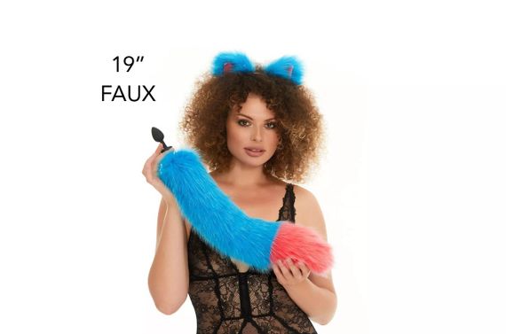 Анальний хутряний хвіст без пробки, Яскраво-блакитний з яскраво-рожевим кінчиком, OKOVA, 50 см. sexstyle