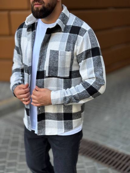 Теплая мужская байковая рубашка в клетку на пуговицах размер XXL цвет серый Vi1048 | Зображення 3