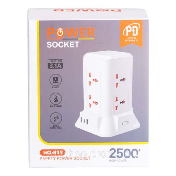 Мережевий фільтр подовжувач 2.8 м з лампою на 6 універсальних розеток з 2 USB, 1 Type-C, бездротова зарядка HP-5-1 | Зображення 8