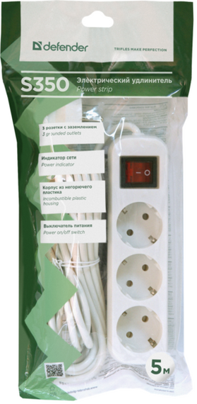 Мережевий подовжувач Defender S350 5.0 m 3 роз switch white (99235) | Зображення 3