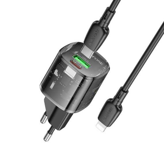 МЗП Borofone BN17 Sunlight PD20W+QC3.0 (1USB-A/1C) + кабель Type-C to Lightning Transparent black | Зображення 3