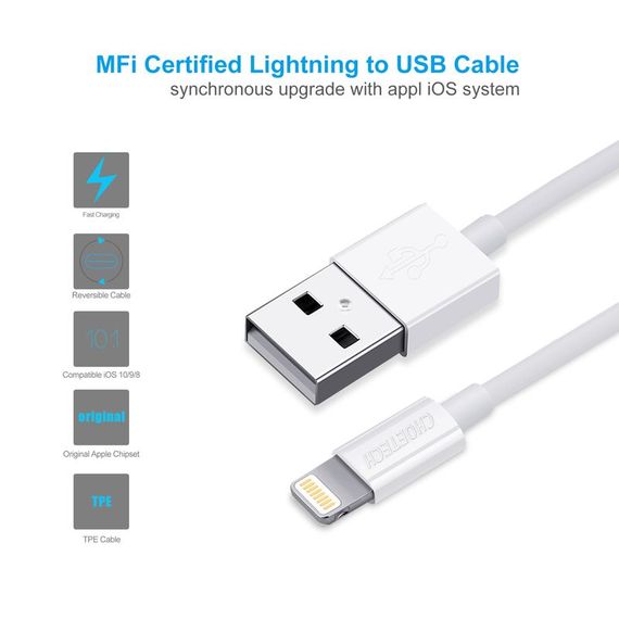 Кабель Choetech IP0027-WH, USB 2.0 А-тато/Lightning, 1.8 м. | Зображення 4
