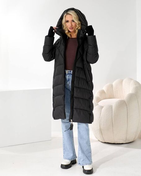 Пуховик жіночий чорний зимовий довгий стьобаний люкс якість | Зображення 7