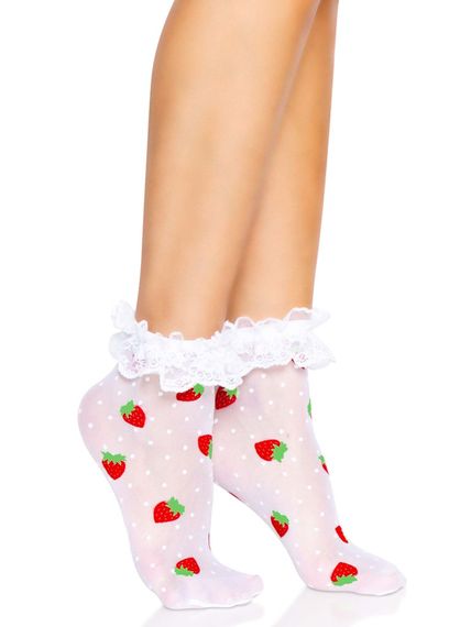 Носки женские с клубничным принтом Leg Avenue Strawberry ruffle top anklets One size, кружевные манж | Зображення 3