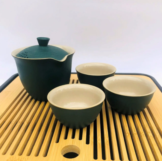 Чайный набор для чайной церемонии дорожный "Дим-Мак" керамика ,заварник - гайвань , 3чашки в сумке  Светло зеленый | Зображення 2