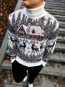 Мужской новогодний свитер Олени домик PA0001 цвет белый, размер XL