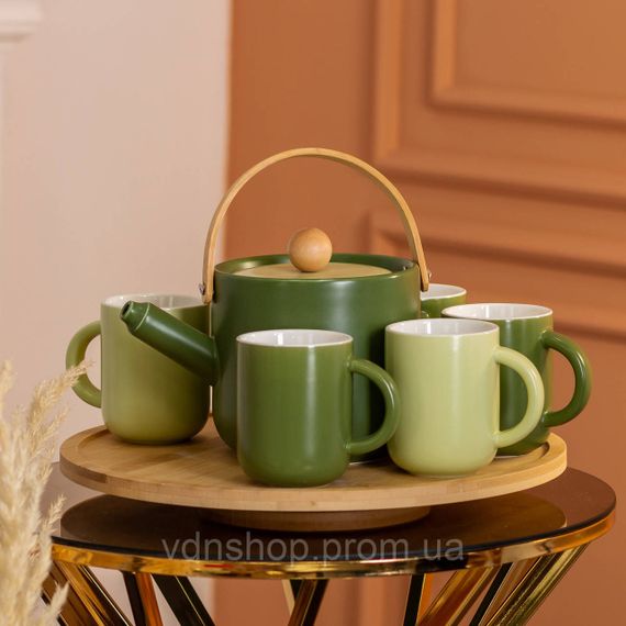 Чайный сервиз на 6 персон с бамбуковой вращающейся подставкой, зеленый HP-15-23 | Зображення 8