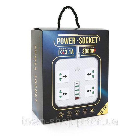 Сетевой фильтр ТВ-Т90, 4 розетки + 3 USB, 2 м, сечение 3х0,75мм, 3000W, Black, Box | Зображення 1