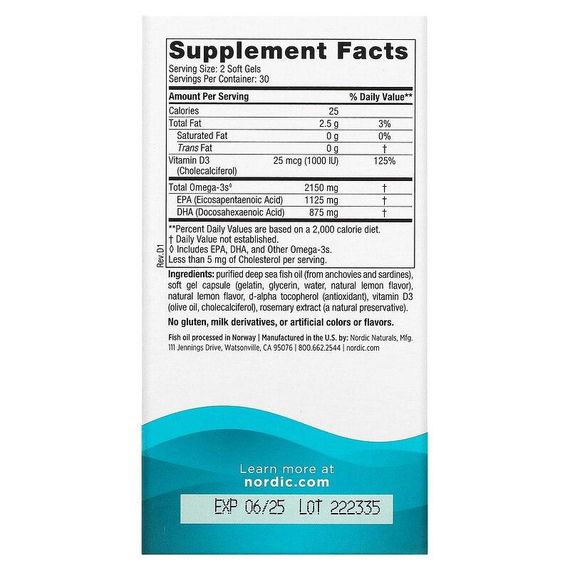 Риб&#039;ячий жир, Ultimate Omega 2X, Nordic Naturals, лимон, 2150 мг, 60 гелевих капсул | Зображення 2