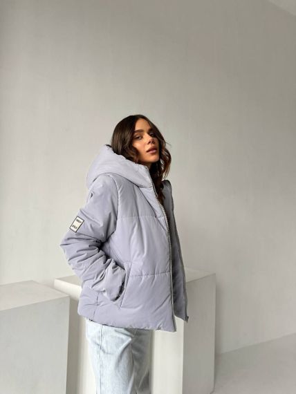 Женская теплая стеганая короткая куртка зефирка на молнии с капюшоном размер 44/46 цвет серый UH375 | Зображення 5