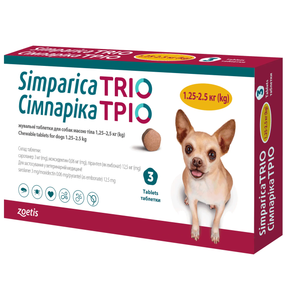 Таблетка Simparica TRIO (Сімпаріка ТРІО) таблетки від бліх, кліщів та гельмінтів для собак від 1,25 до 2,5 кг 1 шт