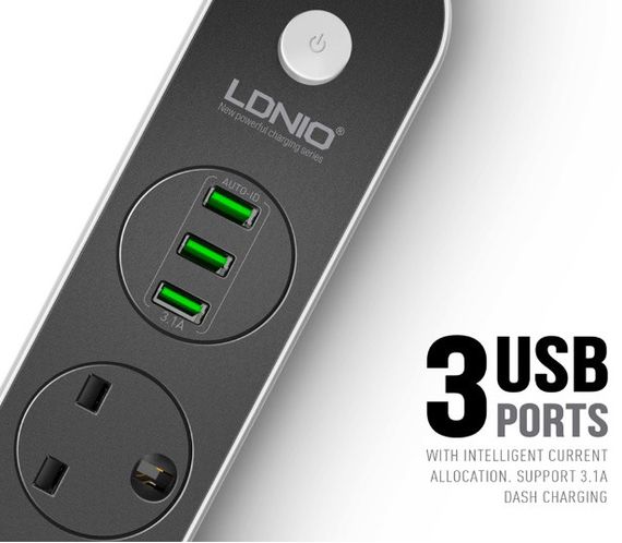 Сетевой фильтр LDNIO SC3301 удлинитель 1.6 м 3 розетки 3 USB Серо - черный | Зображення 1