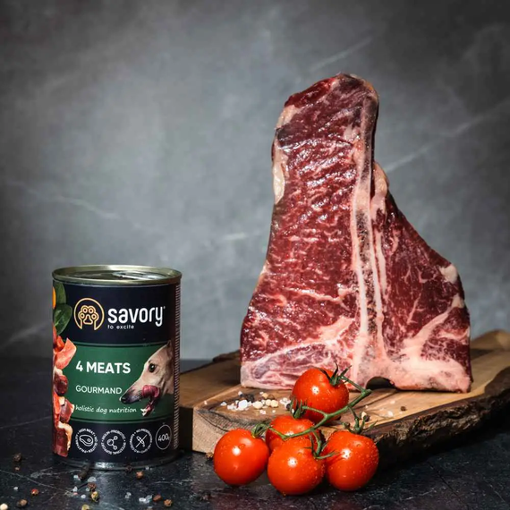 Влажный корм консерва Savory Adult 4 Meats для взрослых собак, 4 вида мяса 400г | Зображення 3