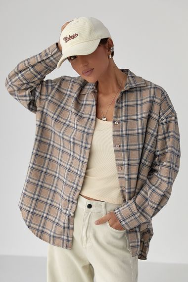 Картата сорочка з напівкруглим низом на ґудзиках - світло-коричневий цвет, L (є розміри) | Зображення 2