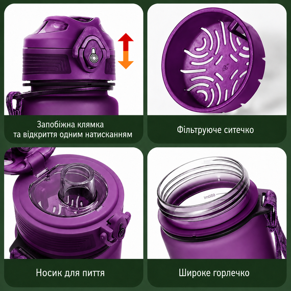 Бутылка KANGZYUAN 500 мл - Фиолетовая Tritan BPA-free, ударопрочная, спортивная с эргономичной крышкой | Зображення 4