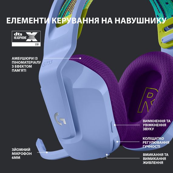 Навушники Logitech G733 Lightspeed Wireless RGB Gaming Headset Lilac (981-000890) | Зображення 4