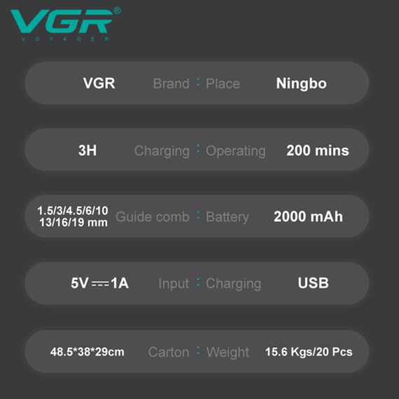 Акумуляторна машинка для стрижки Clipper VGR V-013 Red, 8 насадок, 6500 об/хв, 2000 mAh, LED дисплей (46205-V-013 RED_554) | Зображення 7