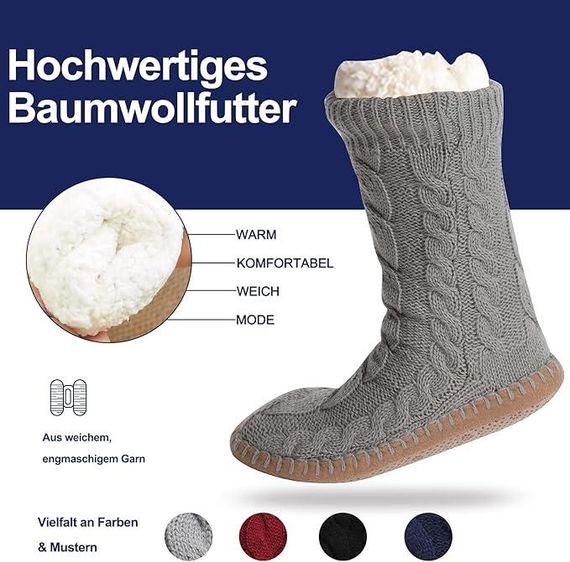 Носки тапочки теплые толстые с антискользящей подошвой, высокие вязаные для дома, домашняя зимняя обувь, серые | Зображення 3