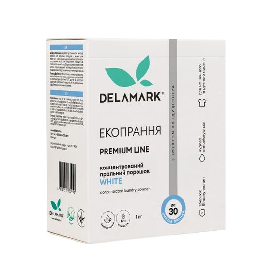 Концентрований безфосфатний пральний порошок De La Mark Premium Line White з ефектом кондиціонера 1 кг (4820152330956)