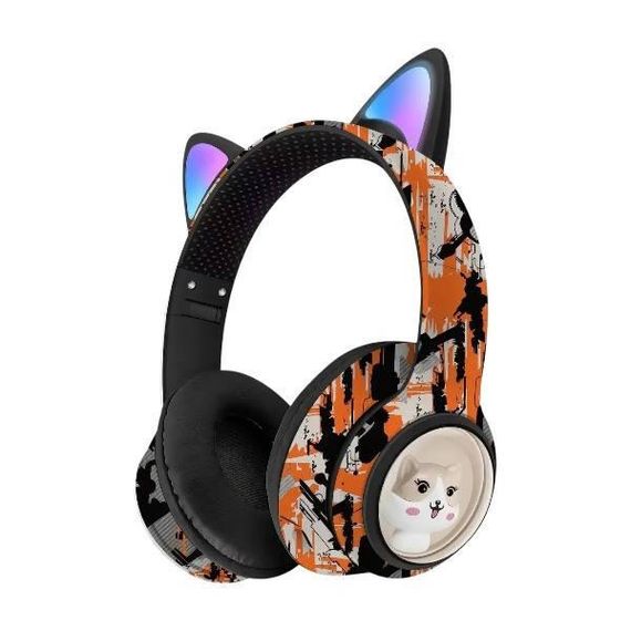 Навушники бездротові з вушками Графіті LED AKZ-37 Чорні з оранжевим