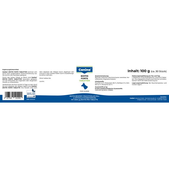 Витамины Canina Biotin Forte Tabletten для собак, интенсивный курс для шерсти, 100 г (30 табл) | Зображення 5