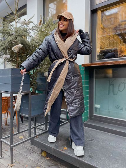 Женская двухсторонняя куртка-пальто длинное на кнопках LY30368 цвет черно-бежевое, размер 42/48