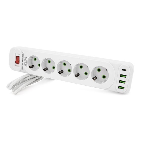 Мережевий фільтр F25U, 5 розеток EU+3 USB+PD, кнопка включення з індикатором, 2 м, 3х0,75мм, 2500W, White, Box