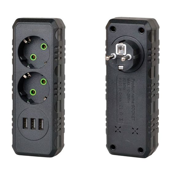 Розетка трійник із заземленням F102-Black, 2 розетки+3USB(1А), 2500W, 10A | Зображення 1